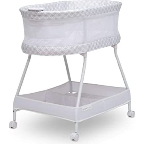 Delta Children Sweet Dreams Bassinet with Airflow Mesh Bedside Portable Crib with Vibration Lights and Music, Grey Infinity