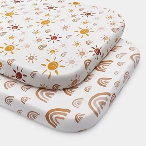 Babebay Cotton Bassinet Sheets for Baby Girl and Boy, Soft Bassinet Sheet Fitted for Rectangle, Oval and Hourglass Mattress, 2 Pack (Boho Rainbow)