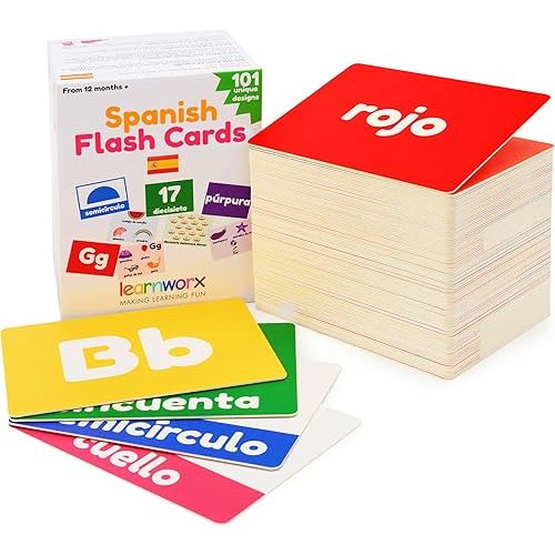 Spanish Flash Cards for Kids and Toddlers - 101 Cards - 202 Sides - Learn Shapes, Numbers, Colors, Body Parts, Counting, Letters & More - Great Value, Fun Learning and Educational Flashcards