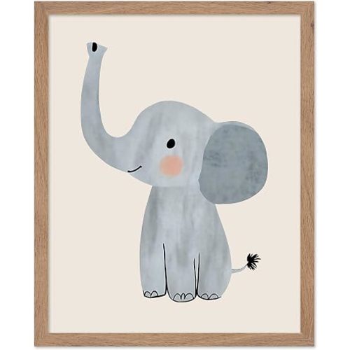 Poster Master Cute Baby Elephant Poster - Nursery Print - Whimsical Safari Animal Wall Art - Fun Portrait Art - Minimal Playroom Art - Boho Kid's Room Decor - 8x10 Beige Framed