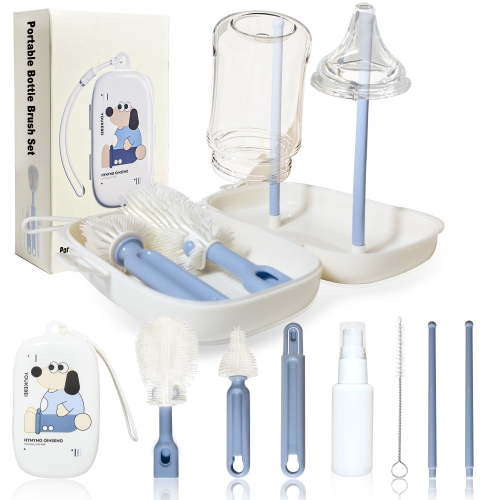 Smasener Bottle Brush Set, 6-in-1 Baby Bottle Cleaner Kit with Sippy Cleaner, Nipple Brush, Straw Brush, Soap Dispenser, Portable Drying Rack, Baby Travel Essentials Available, Blue and White
