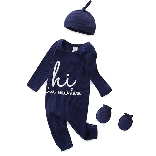 Baby Boy Girl Ribbed Onesies Romper Coming Home Outfits Letter Print Bodysuit Jumpsuit Hat Glove 3PCS Clothes Set