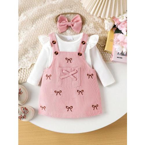 2pcs Baby Girls Minimalist Comfortable Long Sleeve Bodysuit + Bib Dress Set, Lightweight, Spring/Autumn | SHEIN
