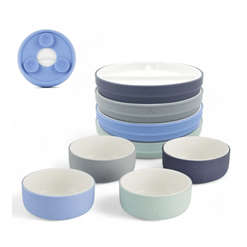 Kids Porcelain Mealtime Bundle | Suction Sleeves | 6.7" Plates + Bowls | 8 Pcs | Sage/Misty Blue/Navy/Gray