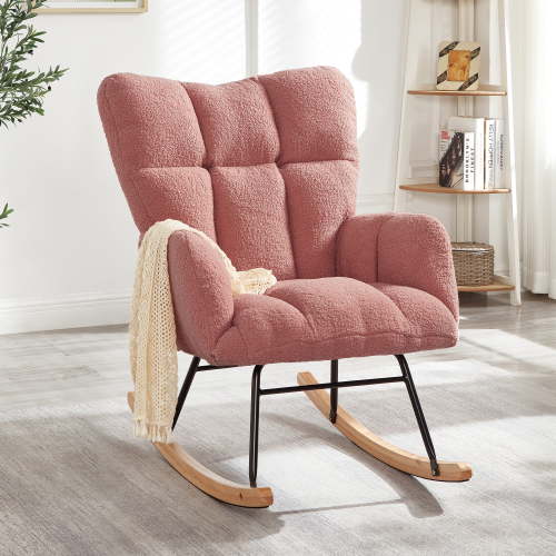 JXXRZ Nursery Rocking Chair, Oversized Teddy Plush Rocker with Modern Upholstered High Back and Solid Wood Legs, Pink