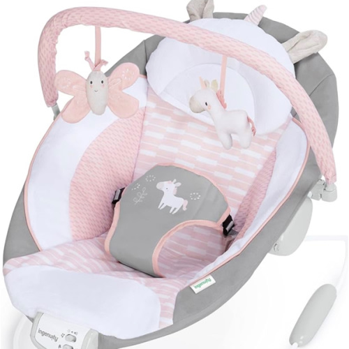 Ingenuity Soothing Baby Bouncer Infant Seat with Vibrations, -Toy Bar & Sounds, 0-6 Months Up to 20 lbs (Pink Flora the Unicorn)