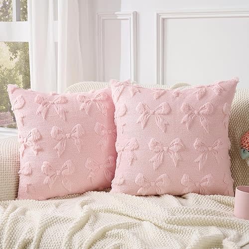 Emvency Cute Pink Bow Throw Pillow Covers 18x18 Set of 2, Coquette Room Decor Preppy Soft Plush Faux Fur Wool Aesthetic Decorative Pillow Case for Couch Bed Sofa Living Room