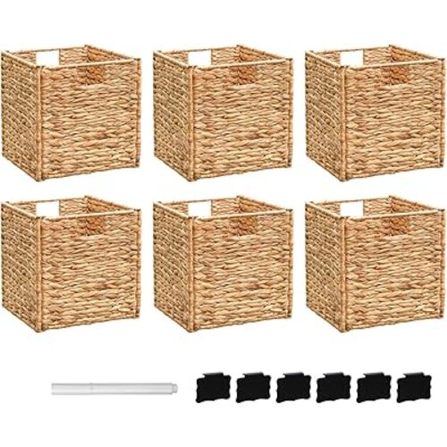 10.5x10.5x10.5 Storage Cube, Water Hyacinth Storage Baskets, Wicker Storage Baskets for Shelves, Woven Baskets for Storage, Square Wicker Storage Basket for Living Room (6 Packs 10.5x10.5in)