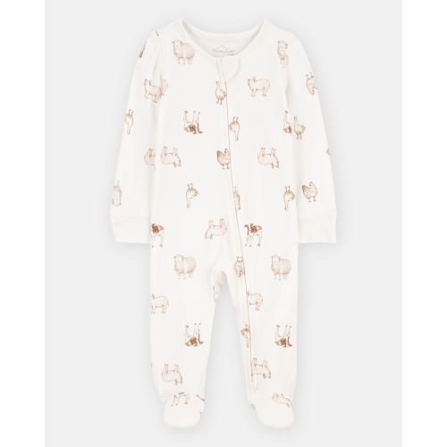 Baby Farm Animals Print 2-Way Zip PurelySoft Sleep & Play Pajamas - Ivory