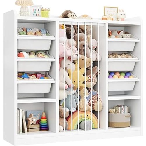 ONBRILL Toy Storage Organizer with 6 Removable Plastic Bins, Toddler Stuffed Animal Storage, Toy Box Cabinet with 2 Open Cubbies, Book Shelf for Kids Room Playroom Bedroom Nursery (White)