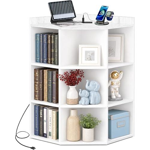 Corner Cabinet, Corner Storage with USB Ports and Outlets, White