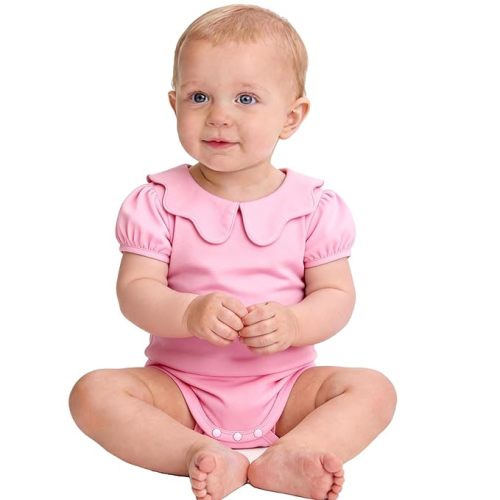0-24M Infant Girls Ruffle Collar Romper Baby Girl Solid Color Bodysuit Casual Jumpsuit (Pink short, 0-3 Months)