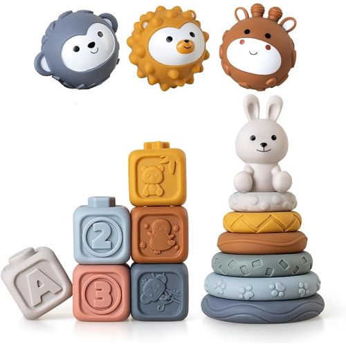 3 in 1 Baby Toys Bundle,Soft Stacking Building Blocks,Teething Ring & Sensory Balls for Newborn to 18 Months| Soft Textured Design,Perfect for Sensory Development, Motor Skills (Family Edition)