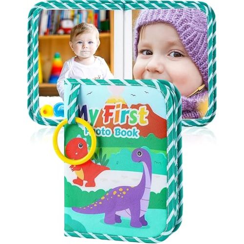 Reallnaive Baby Photo Album Holds 17 4x6 Pictures My First Soft Cloth Family Photo Book with Name Tag Stickers Fabric Kid Memory Keepsake Gift for Newborn Toddler Boy Girl Baby Shower(Green Dino)