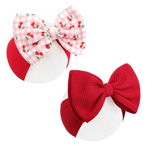 ONENINEDREAM 2 Pcs Baby Girl Headbands 6’’ Red Bows Cherry Hair Accessories Summer Outfits for Newborn Infant Toddler Girls Clothes