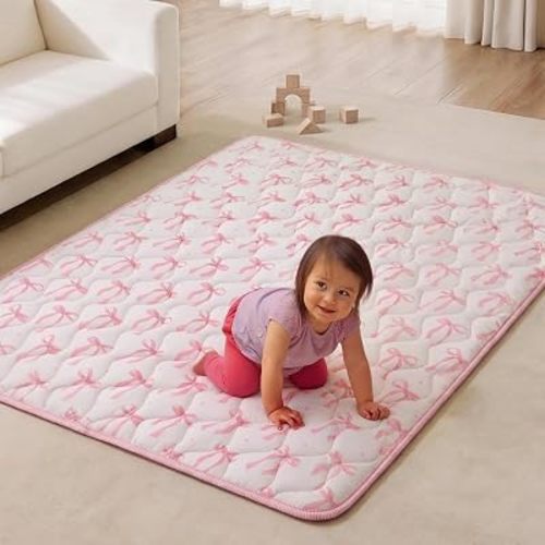 Mifoci Pink Bow Play Mats for Floor, 71x59 Playpen Mat, Thick Cushioning Padding Foam Playmat for Child, Non-Slip & Machine Washable