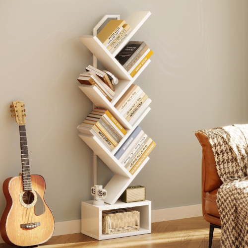 Casacomoda 6-Tier Tree Bookshelf for Corner & Small Space — Narrow Steel & Wood Bookcase, Tall Floor Standing Book Organizer Shelf with Storage Cabinet, Home Decor for Living Room, Bedroom, White
