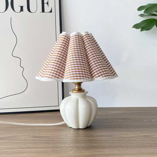 Handmade Ceramic Table Lamp with White Pleated Fabric Shade, Small Bedside Lamp, Vintage Style Nightstand Light