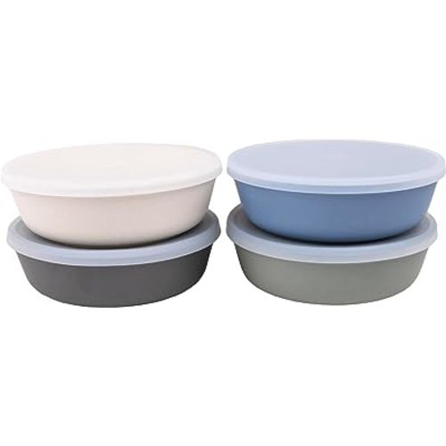 WeeSprout Bamboo Kids Bowls with Lids, Set of Four 15 oz Kid-Sized Bamboo Bowls, Bamboo Kid Bowls with Lids for Leftovers, Dishwasher Safe (Blue, Green, Gray, & Beige)