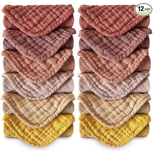 MOON PARK Baby Washcloths, 12 Pack - 12x12 Inches, Small Burp Cloths and Baby Wipes - 100% Cotton Muslin Ultra Soft for Newborn, Infant and Toddlers - Brown, Honey and Bean Paste Series
