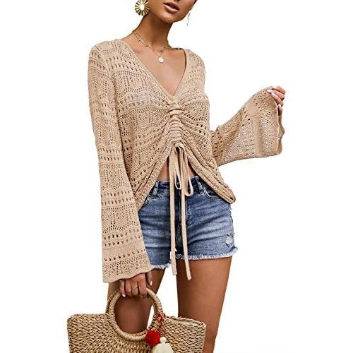 Saodimallsu Womens Boho Off Shoulder Sheer Crop Tops Crochet Flowy Sweaters