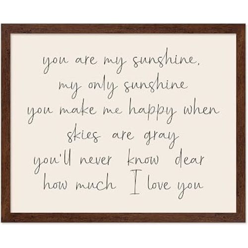 Monem Art You Are My Sunshine Poster - Typography Print - Sunshine Song Art - Family Illustration - Love Design - Nursery Graphic - Kid's Room or Playroom Decor - 16x20 Brown Framed