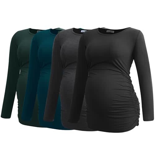 Smallshow Women's 4 Pack Maternity Shirts Long Sleeve Ruched Pregnancy Clothes Tops