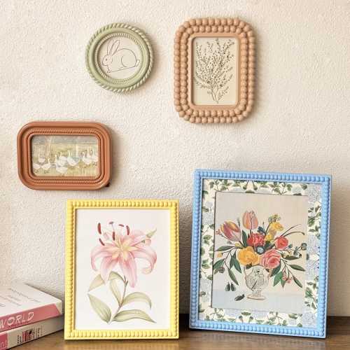 Vintage Beaded Picture Frame: Pastel Cottagecore Desk & Wall Decor