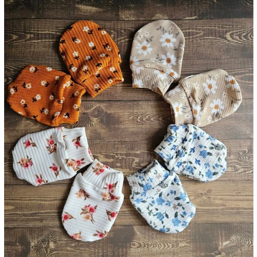 Floral Baby Mittens: Handmade Rib Knit No Scratch Newborn Mitts