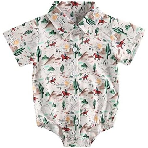 Karuedoo Western Baby Boy Clothes Cow Print Shirt Romper Infant Short Sleeve Button Down Bodysuit One Piece Gentleman Outfit