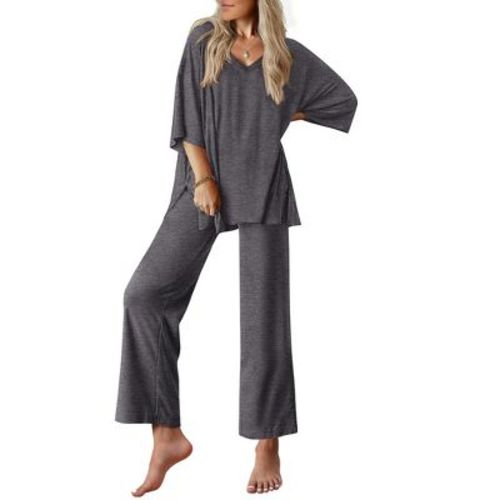 Ekouaer Lounge Sets for Women Pajamas Set Short Sleeve Tops and Long Pants Soft 2 Piece Outfits with Pockets Dark Grey M