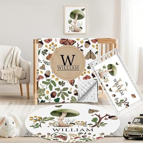 3 Piece Custom Crib Bedding Set for Girl Boy, Custom Name Baby Crib Nursery Bedding Set with Fitted Sheet, Soft Blanket, Rug, Nursery Decor, Personalized Gift for Newborn Infant Toddler(Green Plants)