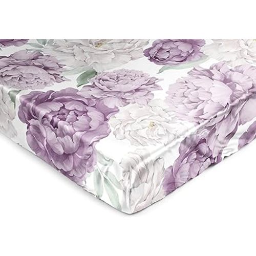 Sweet Jojo Designs Lavender Purple Boho Shabby Chic Floral Girl Baby Satin Fitted Crib Sheet Infant Newborn Nursery Toddler Bed Room Standard Mattress Ivory Bohemian Vintage Watercolor Elegant Green