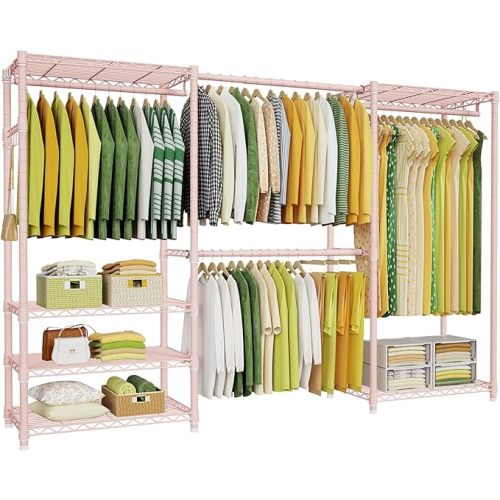 Ulif E1 Heavy Duty Closet Garment Rack, 6 Tiers Adjustable Metal Freestanding Expandable Clothing Storage with 4 Hanger Rods, Easy to Assemble Wardrobe, 71.4" H x (70" - 88.2") L x 14" D, White
