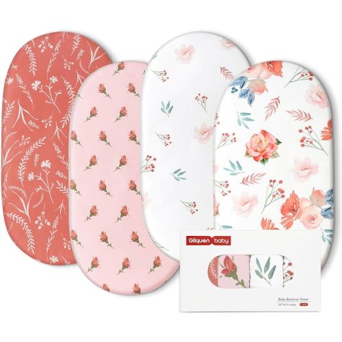 Gllquen Baby Bassinet Sheets 4 Pack, Breathable Cozy Fitted Mattress Sheet, Elastic Travel Crib Fashionable Floral Pattern, Standard Cradle Safe Sheets for Baby Boys Girls 32"x16" (Flower)