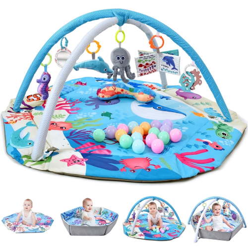 YoYFUN Baby Play Gym, 4-in-1 Tummy Time Mat with Detachable Sensory Toys, Blue, 0-3 Years