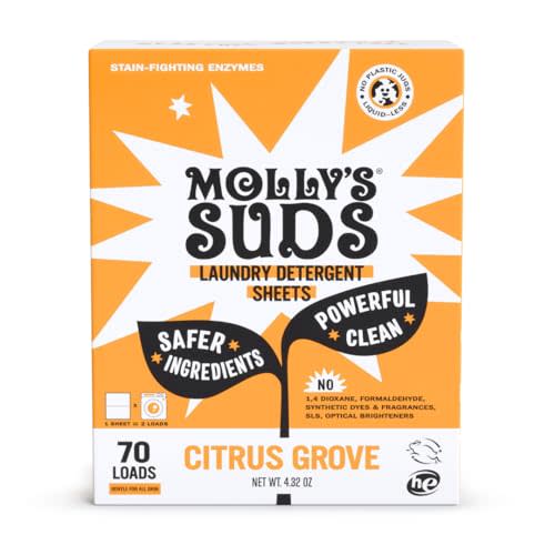 Molly’s Suds Laundry Detergent Sheets | Gentle on Sensitive Skin, Powerful Bio-Based Enzymes, Stain-Fighting | Liquidless & Plastic-Free Packaging | 70 Loads (Citrus Grove)