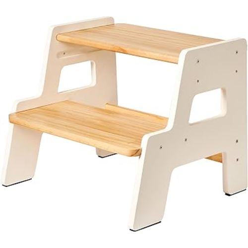Toddler Step Stool for Kids - Height Adjustable Non-Slip Wooden Step Stool for Bathroom Sink, Kitchen & Potty Training 2-Step - White