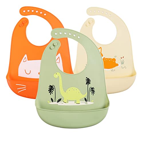 Baby Silicone Feeding Bibs, 3pcs Adjustable Waterproof Bibs for Feeding