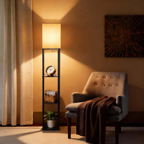 Coliware 63" Black Floor Lamp with Shelves, 3-Tier Wood Modern Standing Lamp with 3 Adjustable Color Temperature, Corner Display Bookshelf for Living Room Bedroom, LED