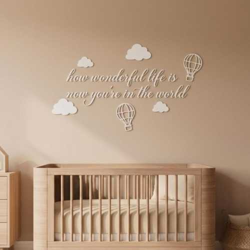 How Wonderful Life Is Now You’re In The World Nursery Wall Decor | Hot Air Balloon Wall Sign | Baby Room Quote | Wooden or Acrylic | 30 inch