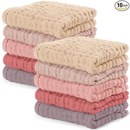 Comfy Cubs Muslin Baby Washcloths 10 Pack - Soft 6-Layer Cotton Wash Cloths for Sensitive Skin - 10"x10" Large, Gentle, Absorbent Infant Essentials for Newborn and Toddlers - Multi Girl