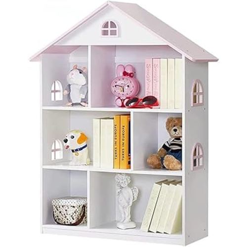 Wooden Dollhouse Bookshelf 3-Tier Doll House Bookcase Kids Books Toys Storage Organizer Shelves for Children's Bedroom Playroom Kindergarten Nursery Gift for Boys Girls Ages 3-8 Years Old