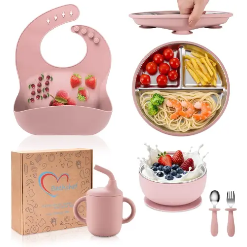 Toddler Plates and Bowls Set Stainless Steel - Bathchef Baby Feeding Set Strong Suction, BPA Free Durable Divided Plates, Safe Self Baby Feeding Utensils,Cup,Spoon,Fork,Dishwasher Safe,6pcs,Pink