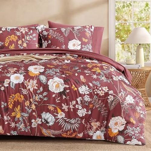 CASAAGUSTO King Size Comforter Set - 7 Pieces Pomegranate Red Floral Bedding Sets, King Bed in a Bag with Botanical Butterfly Comforter, Sheets, Pillowcases & Shams for All Seasons