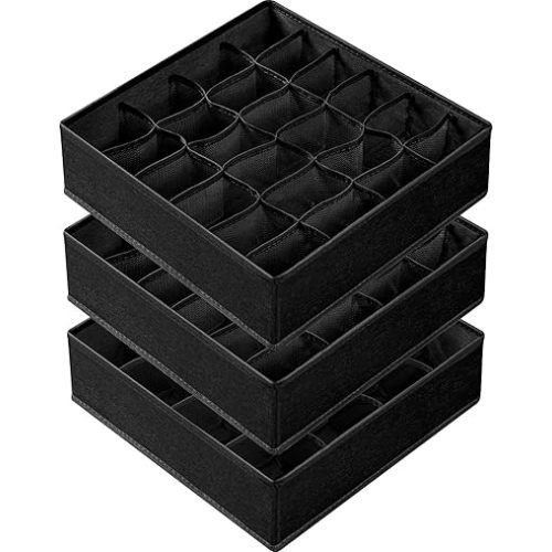 Criusia 3 Pack Sock Underwear Organizer Dividers, 64 Cell Fabric Foldable Cabinet Closet Organizers and Storage Boxes for Storing Socks, Underwear, Ties (16+24+24 Cell, Black)
