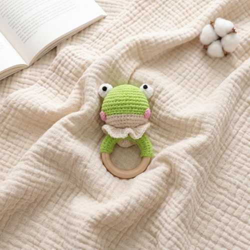 Hand Crocheted Frog Rattle Baby, Green Cotton Wood Ring Toy, Unique Frog Newborn Baby Gift, Handmade Baby Shower Rattle