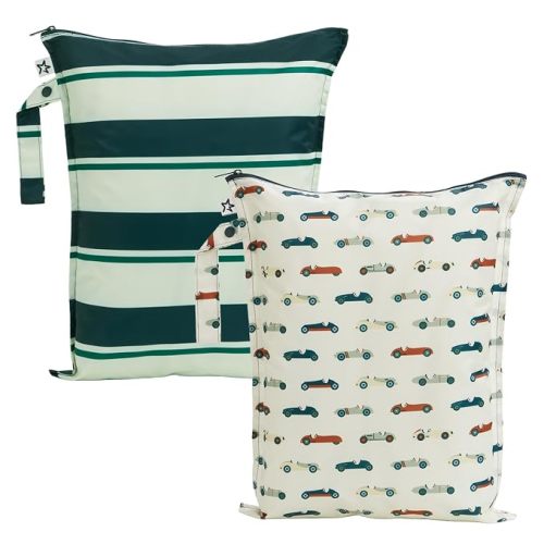 Tiny Twinkle Mess Proof Wet Bags | 2-Pack Reusable Waterproof Wet Bags for Swimsuits | Baby Clothes | Travel & Diaper Bag (Rugby Stripes,Vintage Cars)