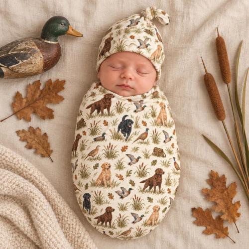 Hunting Dog Baby Swaddle Blanket & Knotted Hat, Duck Hunting Baby Boy Swaddle, Mallard Nursery, Retriever Newborn Gift, Outdoors Baby