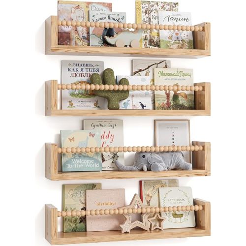 Bavonira Nursery Floating Shelves for Wall Set of 4, Wooden Nursery Book Shelves, Baby Room Wall Shelves for Nursery Decor, Kids Bookshelf for Bedroom, Girl & Boy Nursery Decor (Wood, 16.5 Inches)
